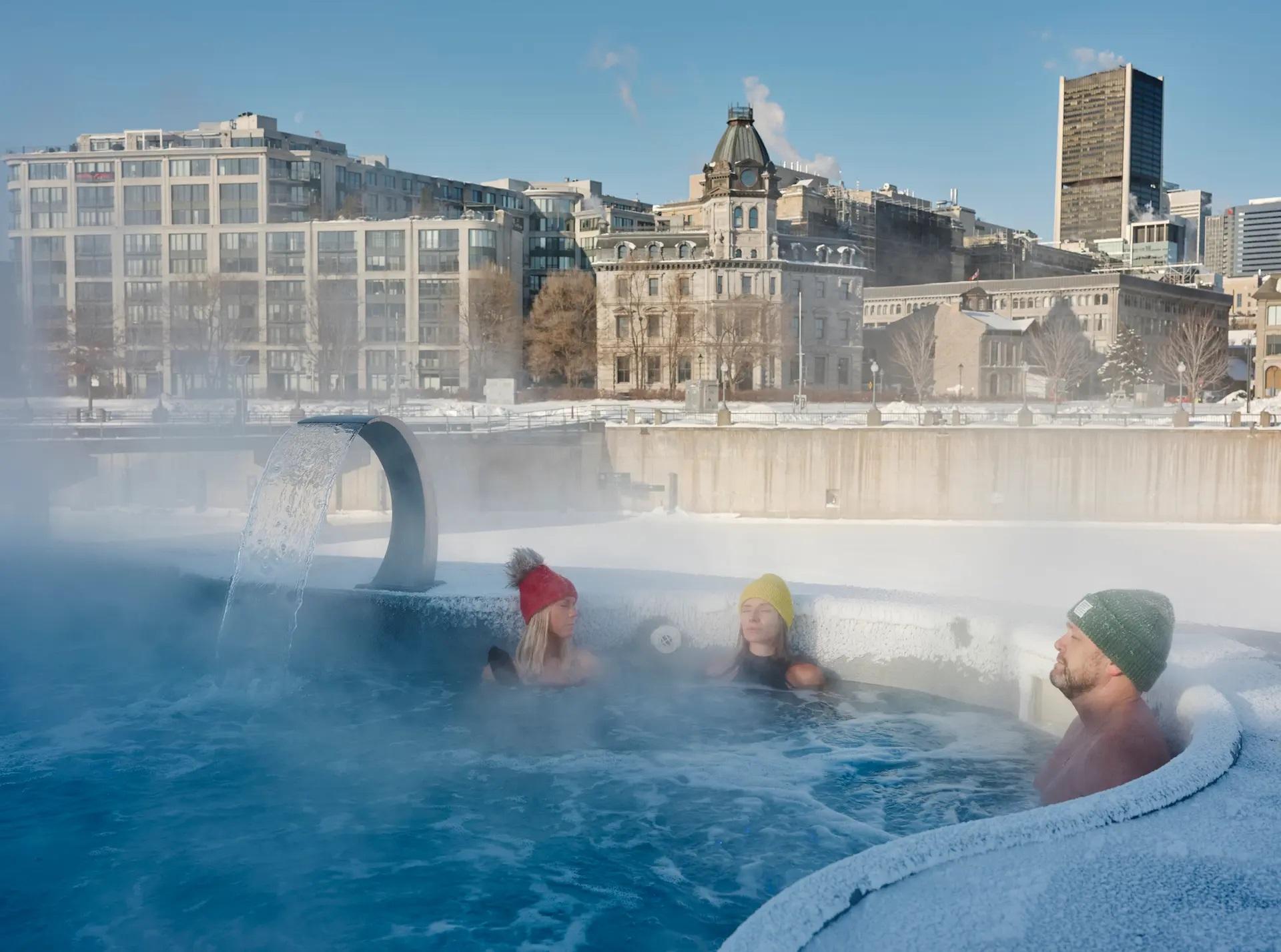 People keeping warm in a hot tub in Montreal